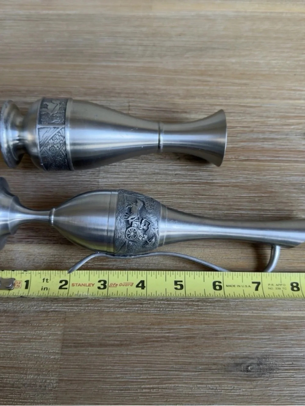 Vintage Pewter Skinny Bud Vases And Pitcher 8” and 6” Tall Silver Color Set of 2